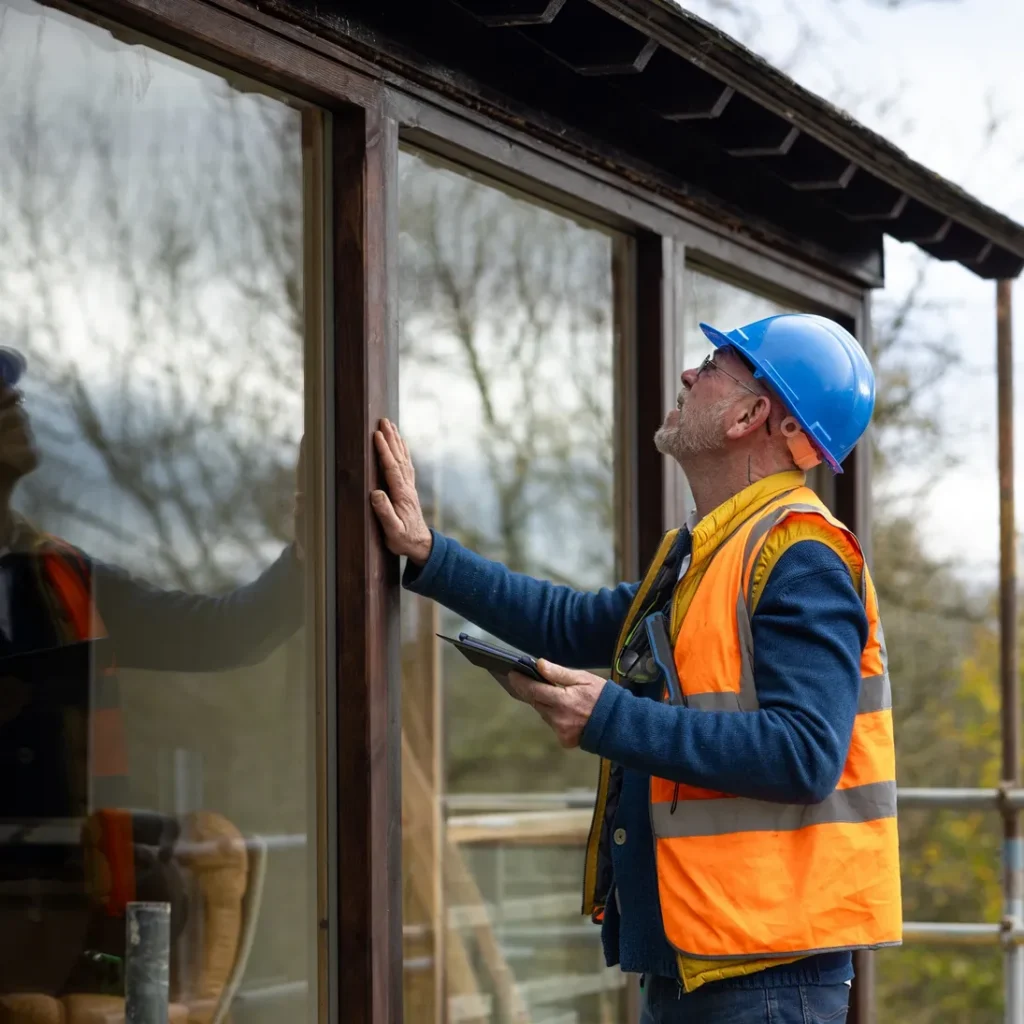 Technicien en calfeutrage inspectant les contours d’une fenêtre extérieure d’un immeuble à Montréal, vérification des joints d’étanchéité