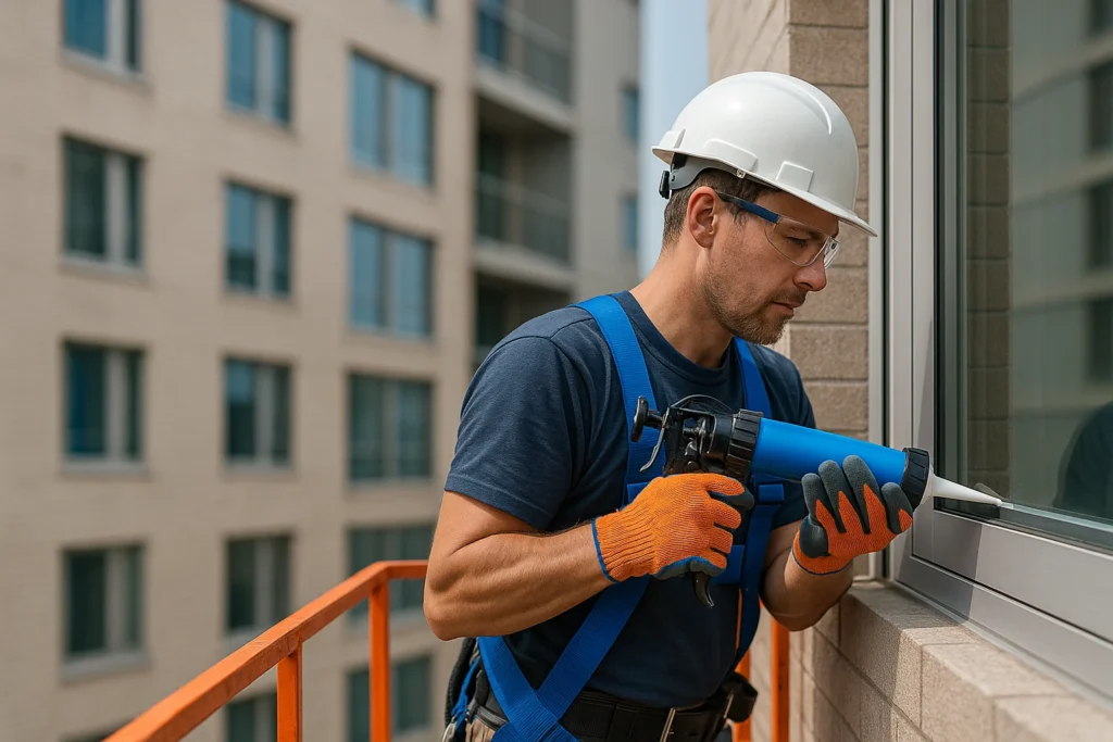 Calfeutrage Scelléo – calfeutrage de fenêtres d’immeuble à Montréal, Laval et Rive-Nord Technicien de Calfeutrage Scelléo appliquant un scellant autour d’une fenêtre d’immeuble à Montréal